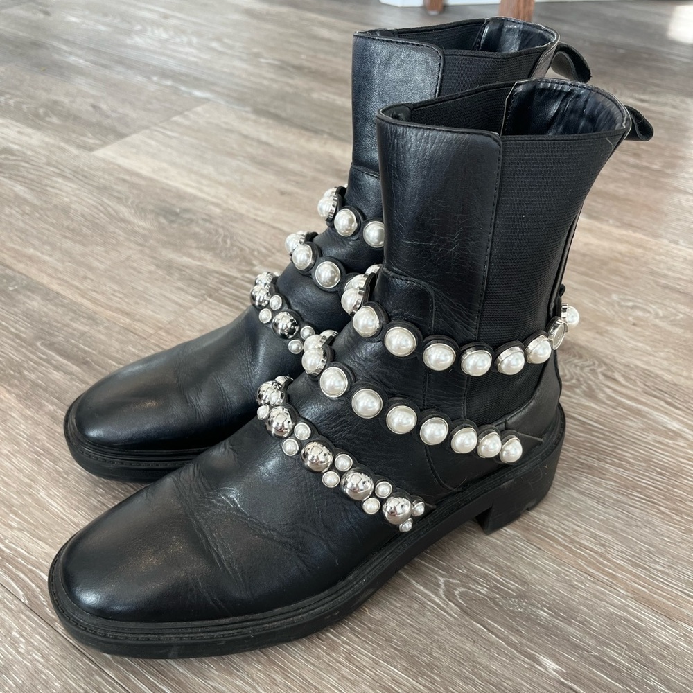 Zara Black Pearl-Studded Combat Boots